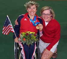 Cheri Blauwet and her mom celebrate Cheri's gold medal in the 800 meters.